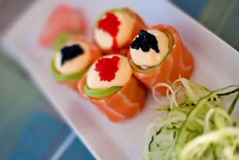 Salmon roses topped with caviar