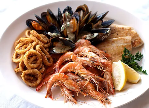 A seafood platter of prawns, mussels, calamari and fish